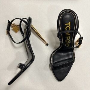 Tom Ford Black Leather Ankle-Strap Stiletto Sandals with Gold Heel